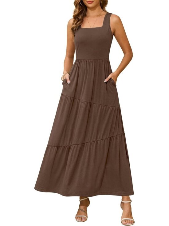 Dresses & Skirts - Women's Coffee Brown Sleeveless Beach Sundress Square Neck Tank Tiered Max Dress